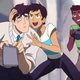 New cartoon incarnations of Clark Kent, holding his reporter notebook and having his head grabbed by Lois Lane, as a new Jimmy Olsen looks on while holding his camera.